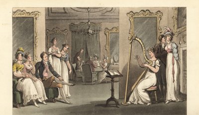 Gentleman anglais et dames écoutant un harpiste lors d
