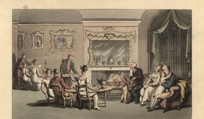 Gentleman anglais, femme et enfants se relaxant dans le salon - Thomas Rowlandson