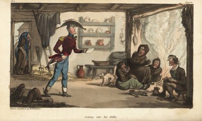 Enseigne Johnny Newcome arrivant à son billet de subalterne au Portugal, un taudis avec des mendiants sales. Gravure à l