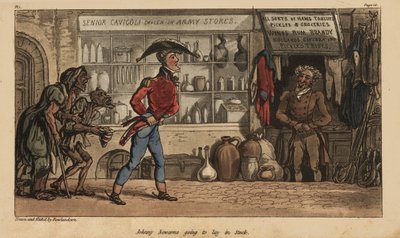 Enseigne Johnny Newcome achetant des fournitures trop chères au magasin de Senor Cavigole à Lisbonne, Portugal. Gravure à l