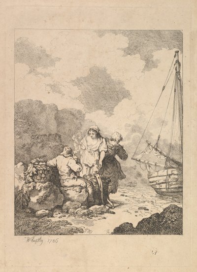 Pêcheurs au bord de la mer - Scène côtière avec un homme assis sur des rochers et fumant une pipe, Nex, 1786 - Thomas Rowlandson