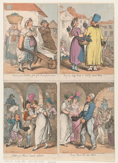 Quatre scènes de la série Cries of London : Voici vos pommes de terre..., Achetez ma mousse..., 1er août 1801 - Thomas Rowlandson