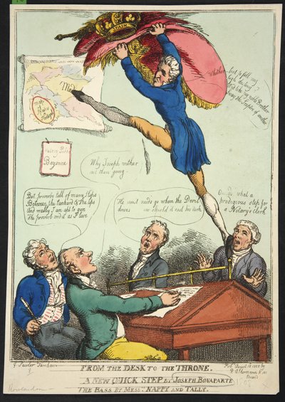 Du bureau au trône. Un nouveau pas rapide par Joseph Bonaparte. La basse par Messieurs Nappy et Talley, 1808 - Thomas Rowlandson