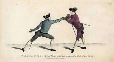 Gentleman escrimeur désarmant son adversaire sur la Carte ou la Seconde Fente, après avoir paré avec la Parade Prime. Gravure à la main colorée d
