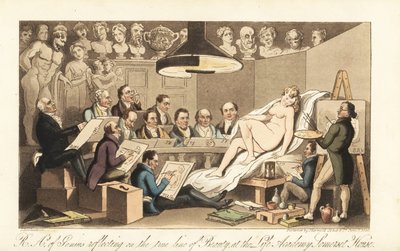 Artistes géorgiens dont Benjamin West, Thomas Lawrence, Benjamin Haydon, Joseph Farrington, Richard Westall et Martin Archer Shee dessinant un modèle nu, tandis que des bustes classiques les regardent. Académiciens royaux du génie réfléchissant à la vérita - Thomas Rowlandson
