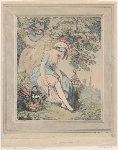 Fille avec un panier et une cage à oiseaux ajustant sa jarretière, 1785-95 - Thomas Rowlandson