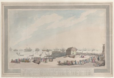 « La glorieuse défaite de la marine néerlandaise, le 10 octobre 1797, par les amiraux Lord Duncan et Sir Richard Onslow, avec une vue dessinée sur place des six navires de ligne néerlandais capturés et ramenés à Yarmouth » - Thomas Rowlandson