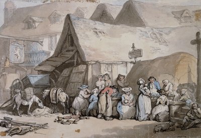 Honiton, Devon : chaussures et chapeaux à vendre devant le Lion Inn - Thomas Rowlandson