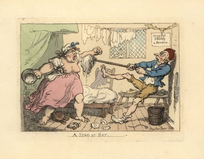 Mari retenant sa femme en colère avec une serpillière - Thomas Rowlandson