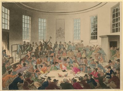 Illustration représentant une foule regardant un combat de coqs - Thomas Rowlandson