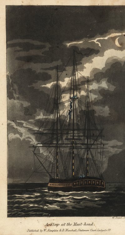 Johnny endormi en haut du mât. Deux marins grimpent dans le gréement pour le réveiller. Gravure à la main par W. Read d
