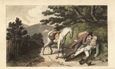 Johnny aidant un voyageur qui a été jeté de son cheval. Gravure à la main par Thomas Rowlandson tirée de The History of Johnny Quae Genus de William Combe, le petit trouvé du défunt docteur Syntax - Thomas Rowlandson