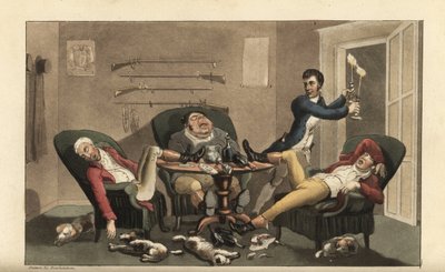 Johnny à une finale sportive: Johnny avec des chandeliers laisse trois chasseurs ivres endormis dans une salle à manger avec des bouteilles de vin vides et des chiens endormis. Gravure à l