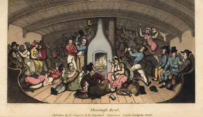 Johnny festoyant avec des marins, des slopmen, des racoleurs, des mudlarkers, des entremetteuses et des proxénètes dans une cabine sur le bateau de Sheerness. Gravure à l