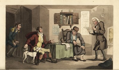 Johnny au service de Jacob Levi, le prêteur sur gages. Gravure à la main en cuivre par Thomas Rowlandson tirée de The History of Johnny Quae Genus de William Combe, le petit trouvé du défunt Dr Syntax - Thomas Rowlandson