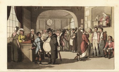 Johnny cherchant du travail dans un bureau de placement pour domestiques. Hommes et femmes avec des monocles examinant des porteurs, des femmes de chambre et d