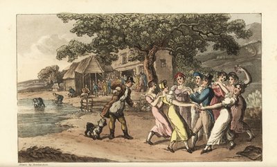 Johnny jouant de la flûte à un festival de tonte de moutons, entouré de filles de campagne dansant. Des bergers tondent des moutons dans une grange et les lavent dans un étang. Gravure à l