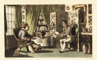 Johnny lisant à Sir Jeffery Gourmand dans son étude. Gravure à l