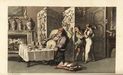 Johnny offrant discrètement un verre de vin à la servante Molly dans le salon pendant que Sir Jeffery Gourmand dort à la table à manger. Presque surpris par un autre domestique à la porte. Gravure à la main en cuivre par Thomas Rowlandson tirée de The Hist - Thomas Rowlandson
