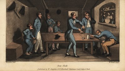 Johnny vomit dans un seau dans la cabine alors que son navire prend la mer. Un autre officier propose un remède d