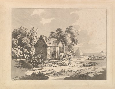 Paysage avec des figures stockant du foin dans une grange, une charrette et un cheval allongé à gauche, 1783-84 - Thomas Rowlandson