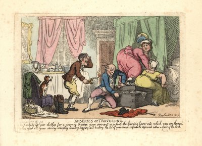 Homme et deux femmes essayant de fermer une malle pleine - Thomas Rowlandson