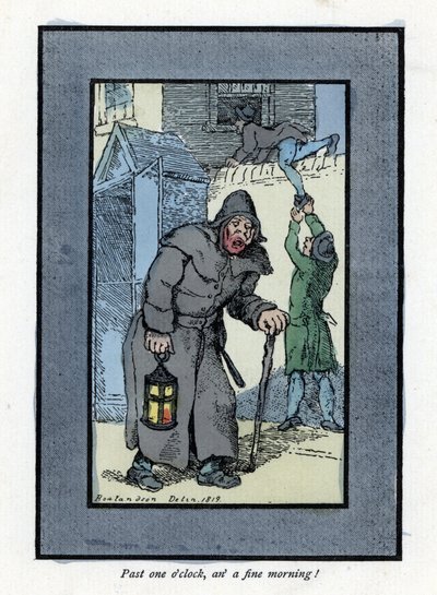 Veilleur de nuit avec sa lanterne et son bâton, inattentif à deux cambrioleurs entrant dans une maison derrière lui (1819). Gravure sur bois, d