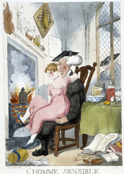Vieil homme (ecclésiastique) tripotant une jeune femme assise sur ses genoux - caricature de Rowlandson - Thomas Rowlandson