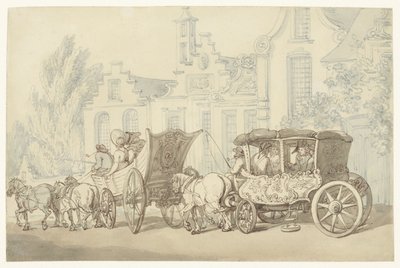 Voiture de voyage ouverte et carrosse dans une rue quasi-hollandaise - Thomas Rowlandson