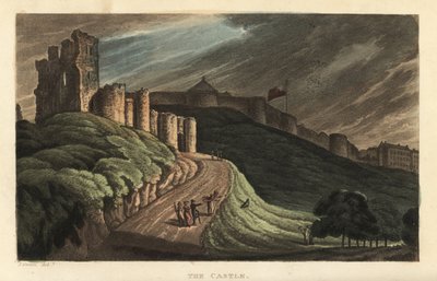 Château de Scarborough : touristes montant la colline vers le château en pierre du 12ème siècle. Gravure à la main en cuivre par Thomas Rowlandson d