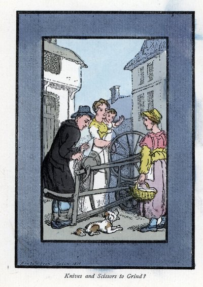 Aiguiseur aiguisant un couteau sur sa meule, avec ses clients (1819). Gravure sur bois, d