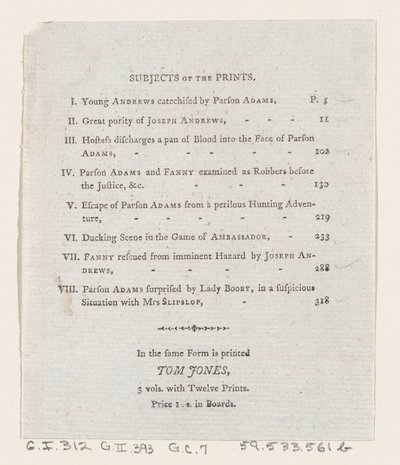 Table des matières : Les aventures de Joseph Andrews, et son ami M. Abraham Adams, 1792 - Thomas Rowlandson