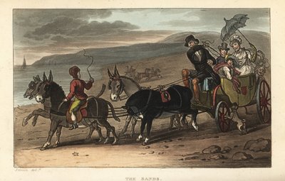Les Sables : touristes dans une calèche tirée par des ânes sur la plage - Thomas Rowlandson