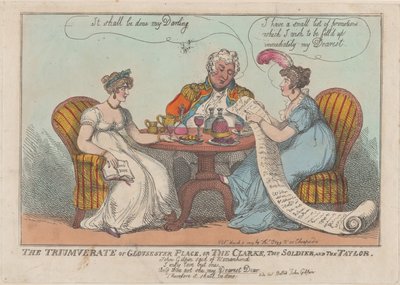 Le Triumvirat de Gloucester Place, ou Le Clerc, Le Soldat, et Le Tailleur, 1809 - Thomas Rowlandson