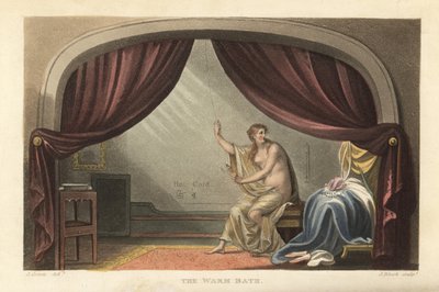 Le bain chaud : femme nue prenant un bain derrière des rideaux dans une chambre Regency - Thomas Rowlandson
