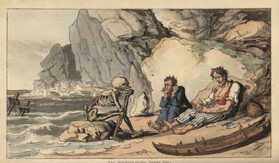 La figure squelettique de la Mort assise sur une plage avec deux marins naufragés. Gravure à la main par Thomas Rowlandson de « The English Dance of Death » - Thomas Rowlandson