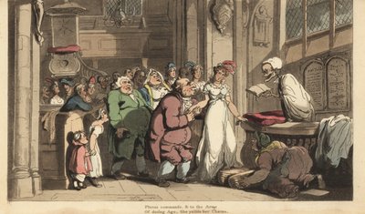 Le squelette de la Mort en tant que prêtre célébrant le mariage entre une jeune femme et un vieil homme laid. Gravure à la main par Thomas Rowlandson de « The English Dance of Death », Ackermann, Londres - Thomas Rowlandson