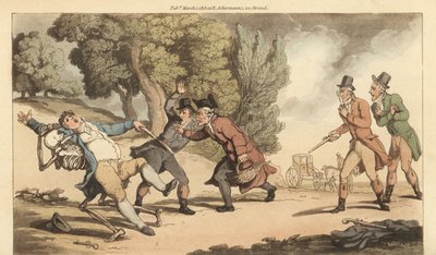 Le squelette de la Mort emporte un homme blessé avant que le médecin ne puisse le soigner après un duel fatal au pistolet dans un parc - Thomas Rowlandson