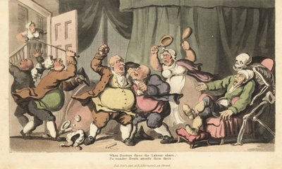 Le squelette de la Mort vient chercher un homme malade tandis que trois médecins charlatans se battent, et une servante les attaque avec des bassines de lit dans la Chambre de Guerre. Gravure à la main par Thomas Rowlandson de « The English Dance of Death  - Thomas Rowlandson