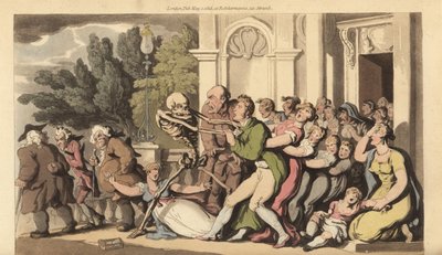 Le squelette de la Mort attrape un père par le col, tandis que sa femme et ses enfants essaient désespérément de le sauver. Gravure en cuivre dessinée et gravée par Thomas Rowlandson de The English Dance of Death - Thomas Rowlandson