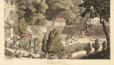 Le squelette de la Mort aide un propriétaire terrien à viser avec un mousquet des garçons braconnant dans son jardin essayant de fuir par-dessus un mur. Gravure à la main par Thomas Rowlandson de The English Dance of Death, Ackermann, Londres - Thomas Rowlandson