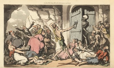 La mort regarde derrière la porte de la mort, pour voir la foule de personnes obèses, boiteuses, estropiées, vieilles et folles attendant la libération des tourments de la vie. - Thomas Rowlandson