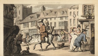 Le squelette de la Mort chevauche un cheval avec un charlatan, tandis que seul le croque-mort du village déplore sa mort - Thomas Rowlandson