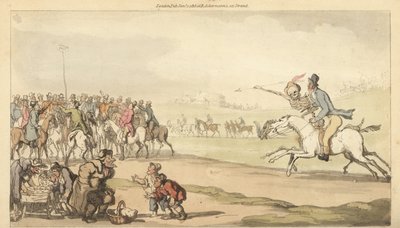 Le squelette de la Mort chevauche avec un homme vers le poteau de pari sur une piste de course, tandis que des enfants jouent à un jeu de loto. Gravure à la main en cuivre dessinée et gravée par Thomas Rowlandson de The English Dance of Death, Ackermann, L - Thomas Rowlandson