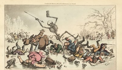 Le squelette de la Mort avec dard et sablier patinant sur un étang gelé tandis que d
