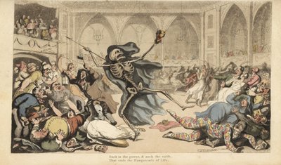 Le squelette de la Mort avec sa flèche provoque une émeute parmi les arlequins, jockeys, nonnes, Turcs et fous lors d