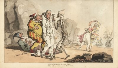 Le squelette de la Mort avec un sablier et une fléchette vient pour un Pierrot et d