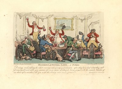 Homme fatigué et ivre à un dîner bruyant avec des chasseurs de renards - Thomas Rowlandson