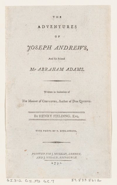 Page de Titre : Les Aventures de Joseph Andrews, et de son Ami M. Abraham Adams, 1792 - Thomas Rowlandson
