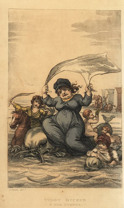 Veuve Ducker et ses nymphes. Femme et enfants se baignant dans la mer avec des dauphins et des machines de bain. - Thomas Rowlandson